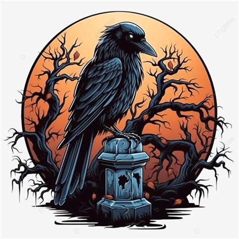 Halloween Raven Cartoon On Grave And Tree Design Holiday And Scary