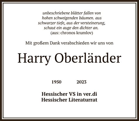 Traueranzeigen Von Harry Oberl Nder Trauer Rheinmain De