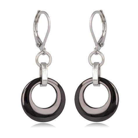 Boucles D Oreille Dormeuses Acier Et C Ramique Noire Forme Ronde