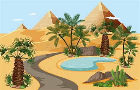 Desert Oasis With Palms And Pyramid Nature Landscape Scene Stock Vector