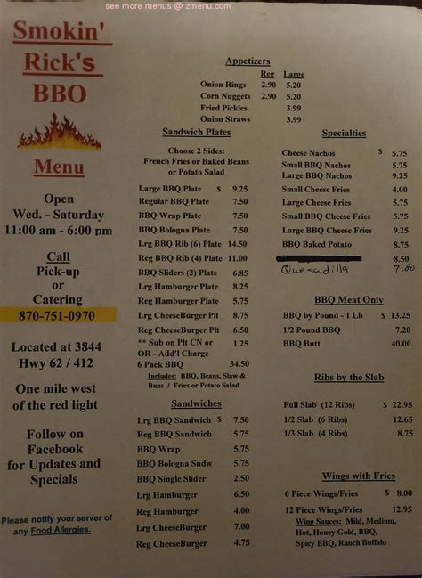 Menu at Smokin' Rick's BBQ, Hardy