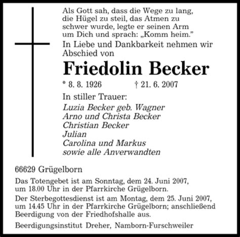 Traueranzeigen Von Friedolin Becker Saarbruecker Zeitung Trauer De