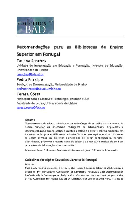 Pdf Recomendações Para As Bibliotecas De Ensino Superior Em Portugal