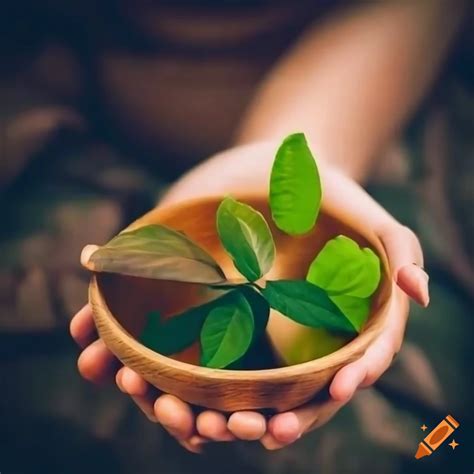 Woman Holding Wooden Bowl With Ayurvedic Plant On Craiyon