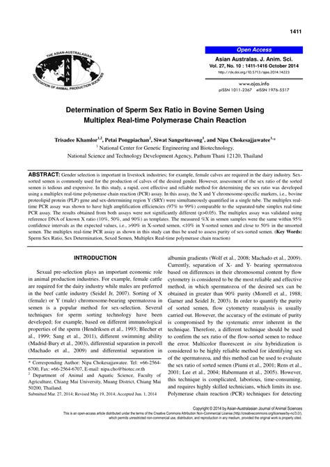 PDF Determination Of Sperm Sex Ratio In Bovine Semen Using Multiplex Real Time Polymerase