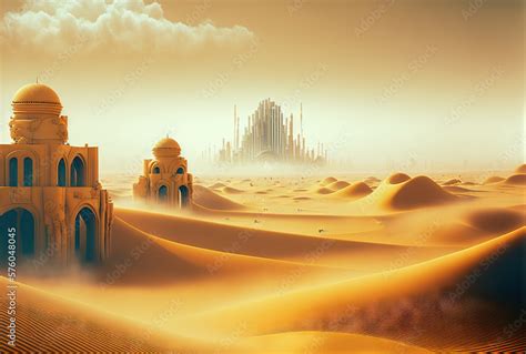 Futuristic cyberpunk city in desert dunes. Postapocalyptic megapolis in ...