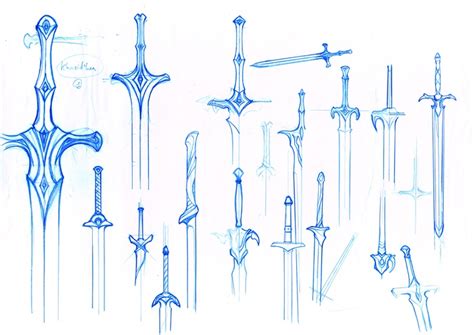 a bunch of different types of swords drawn in blue pencil on white paper with black ink