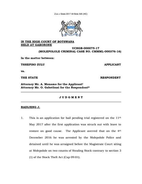 Zulu v State - Tutorials - IN THE HIGH COURT OF BOTSWANA HELD AT