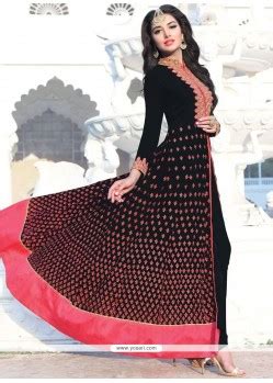 Buy Faux Georgette Black Embroidered Work Floor Length Anarkali Suit