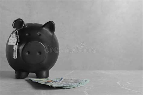 Piggy Bank Dollar Banknotes And House Keys On Grey Marble Table Space