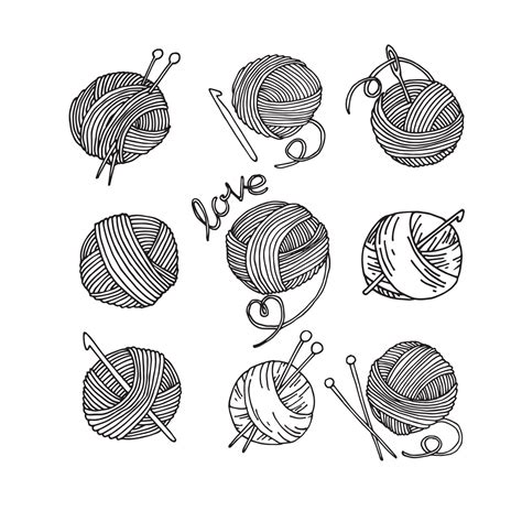 Vector Doodle Style Drawing Set Of Knitting Wool Balls With Knitting