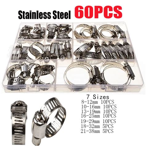 60Pcs Clamps Stainless Steel Adjustable 8 38mm Diameter Clips Worm Gear