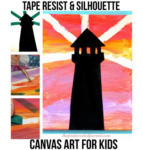 Tape Resist Silhouette Lighthouse Canvas Art Projects Birch Tree