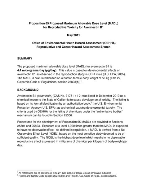 Fillable Online Oehha Ca Proposition Proposed Maximum Allowable Dose