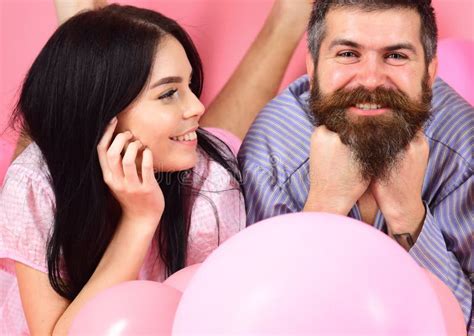 Brunette On Smiling Face Looks At Bearded Macho Fall In Love Love