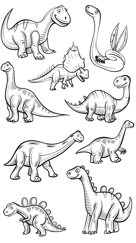 Vector Illustration Of Black And White Dinosaur Outline Drawing Set