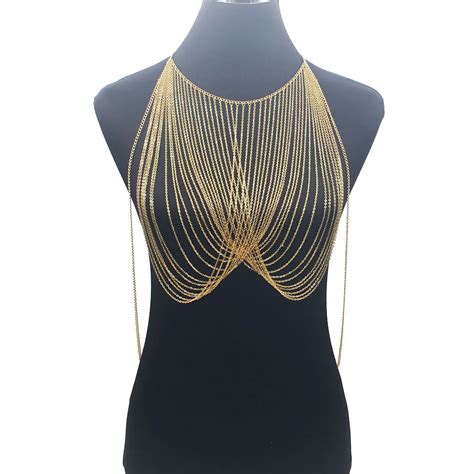 Collar De Cadena De Sujetador Con Colgante De Metal Para Mujer Bikini De Playa Dorado Sexy