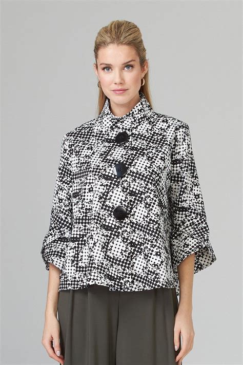 Polka Dot Jacket Designed By Joseph Ribkoff Has A Funnel Collar Three