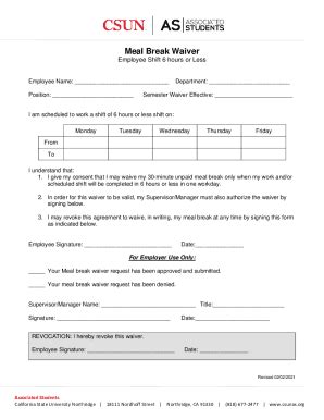 Fillable Online Meal Break Waiver Form Signin Bgdt Net Fax Email