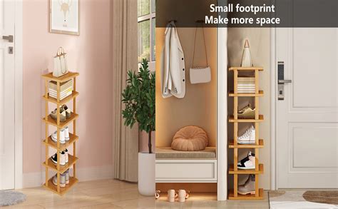 HshDUti 6 Tiers Vertical Shoe Rack Bamboo Narrow Shoe Rack Space Saving