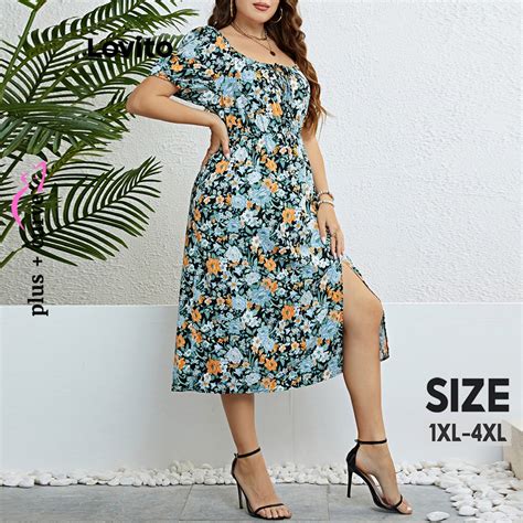 Lovito Casual Ditsy Floral Split Front Plus Size Dress For Women