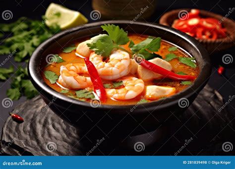 Tom Yam Kung Spicy Thai Soup With Shrimp In A Black Bowl Stock