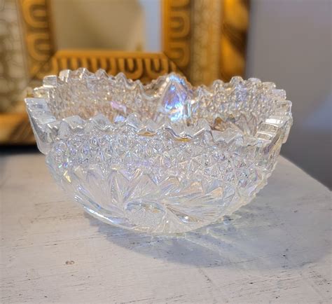 Vintage Clear Carnival Glass Iridescent Bowl Comet In The Stars Sawtooth Bowl Le Smith Etsy