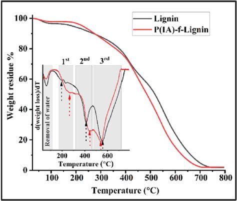 Tga Thermograms And Their Dtg Curves Inset Of Lignin And Pia F