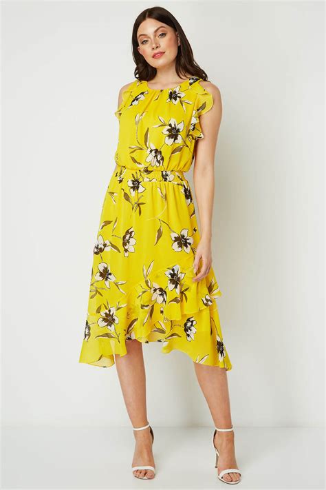 Floral Ruffle Midi Dress In Yellow Roman Originals Uk