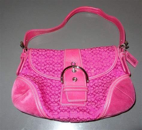 Coach Purse Hot Pink Leather Suede Signature Shoulder Purse Bag Authentic Shoulder Purse Pink