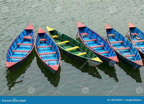 Colorful Row Boats Docked On Lake Phewa In Pokhara Stock Image Image