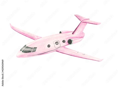 Pink aircraft isolated on a white background. Watercolor jet clipart ...