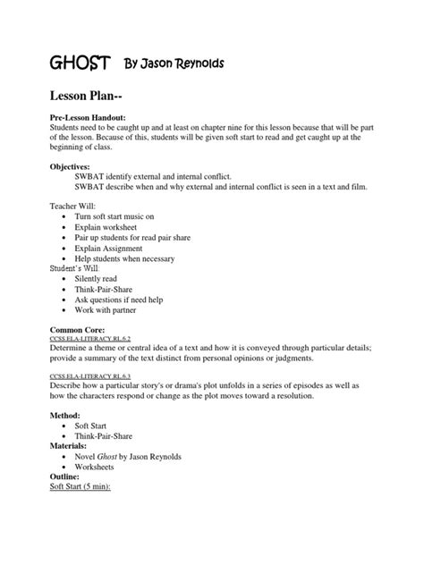 Ghost By Jason Reynolds Pdf Worksheet Lesson Plan