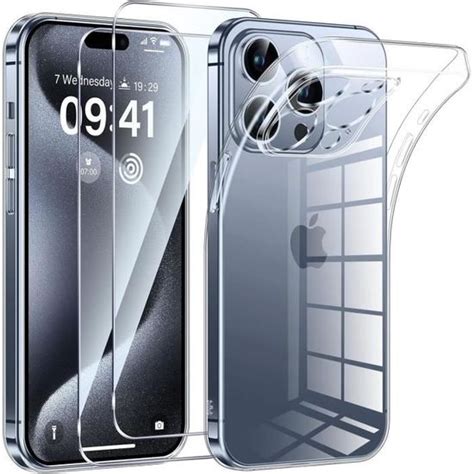 Coque pour iphone 15 pro max 2 vitres verre trempé coque maléable