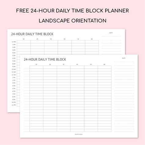 Printable 24 Hour Daily Time Block Schedule Planner Landscape Orientation