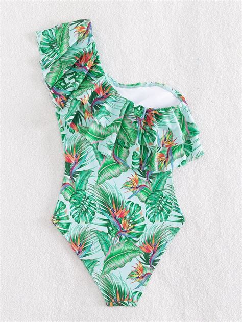 Tropical Print Ruffle Trim One Shoulder One Piece Swimsuit Shein Usa