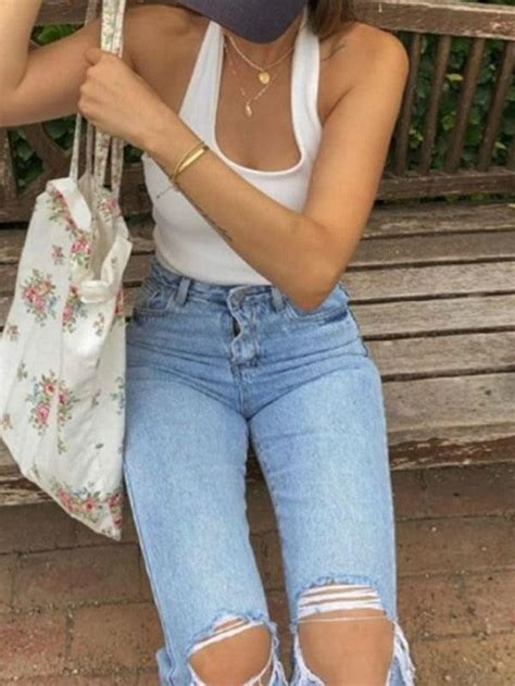 2024 Washed High Waist Knee Ripped Jeans Blue S In Jeans Online Store