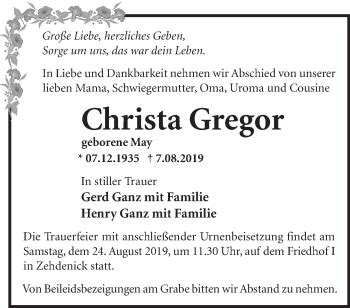 Traueranzeigen von Christa Gregor Märkische Onlinezeitung Trauerportal