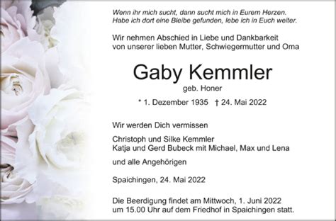 Traueranzeigen Von Gaby Kemmler Schwaebische De Trauerportal