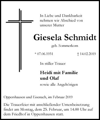 Traueranzeigen Von Giesela Schmidt Trauer In Thueringen De