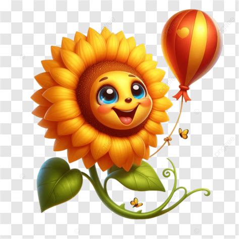 3d Cartoon Sunflowers With Ballon On Transparent Background 3d Yellow