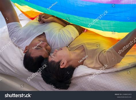 Happy Asian Homosexual Gay Couple Rainbow Stock Photo 2168415423