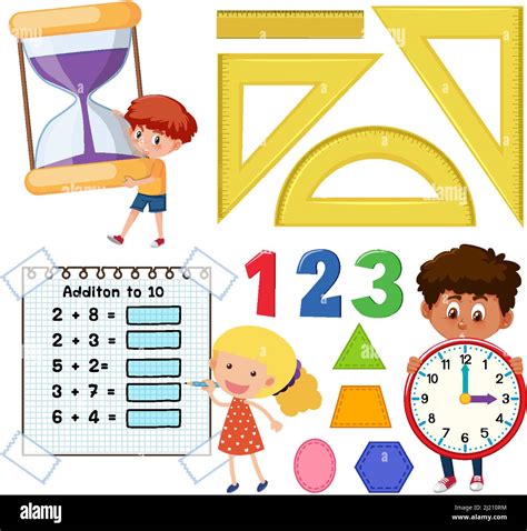 Math Classroom Objects With Supplies And Students Illustration Stock