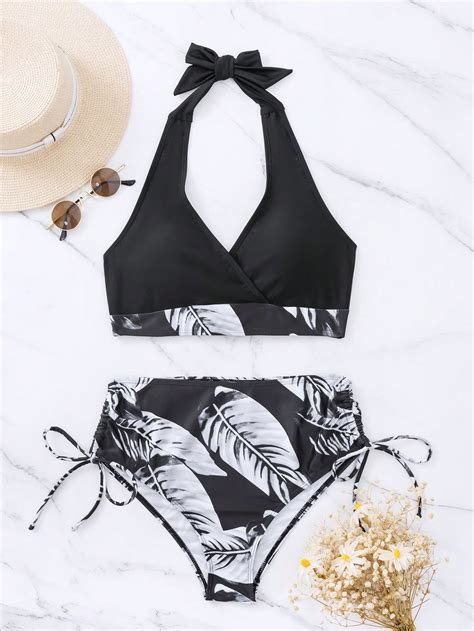 SHEIN Swim Vcay Maiô cabresto de biquíni estampa tropical cordão ao