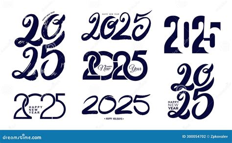 Big Set 2025 Happy New Year Logo Text Design Numbers Hand Drawn With