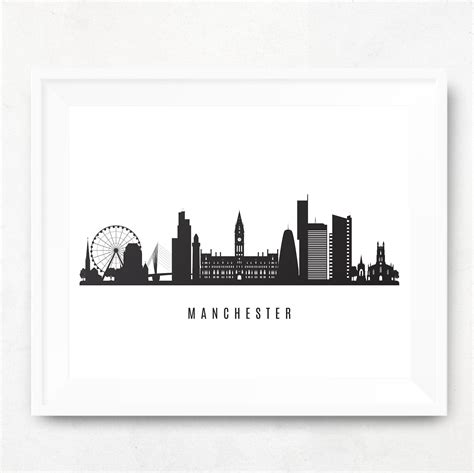 Manchester Skyline Printable Manchester United Kingdom Black Etsy