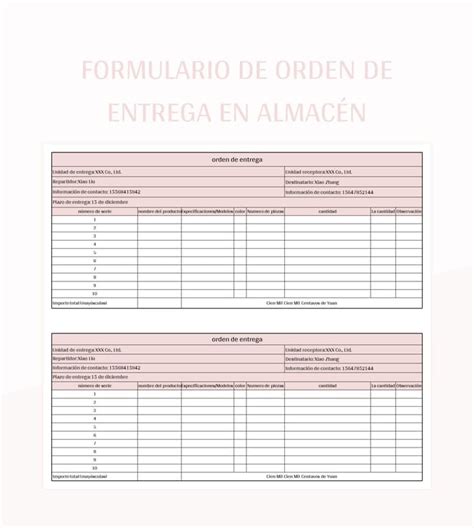 Plantilla De Excel Formulario De Orden De Entrega En Almac N Y Hoja De