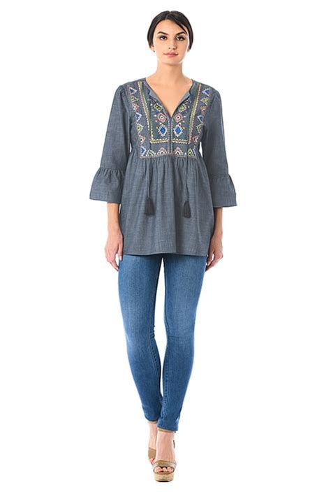 Shop Embellished Bib Cotton Chambray Top Eshakti