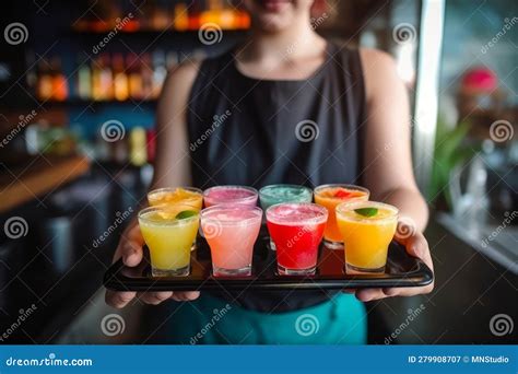 Waitress Holding A Tray With Colourful Refreshing Cold Cocktails