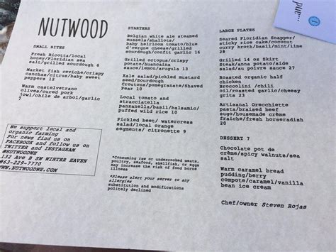 Menu at Nutwood restaurant, Winter Haven